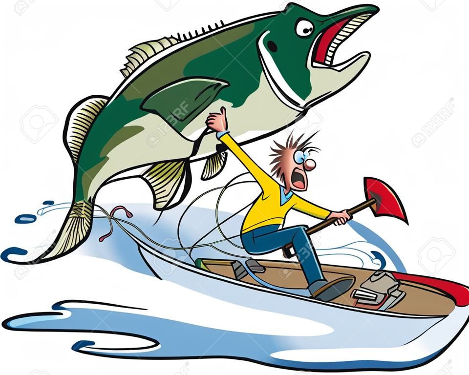Caricature d'un grand poisson méchant saut à un vecteur pêcheur et haute résolution des fichiers JPEG disponible