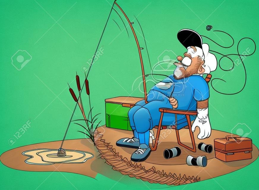 Onun sandalyede uyurken bir karikatür balıkçı