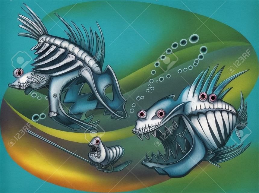 Une paire de méchant poisson squelette de bande dessinée