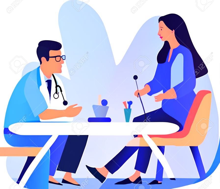 Hand Drawn Doctor talking to patient at hospital in flat style isolated on background