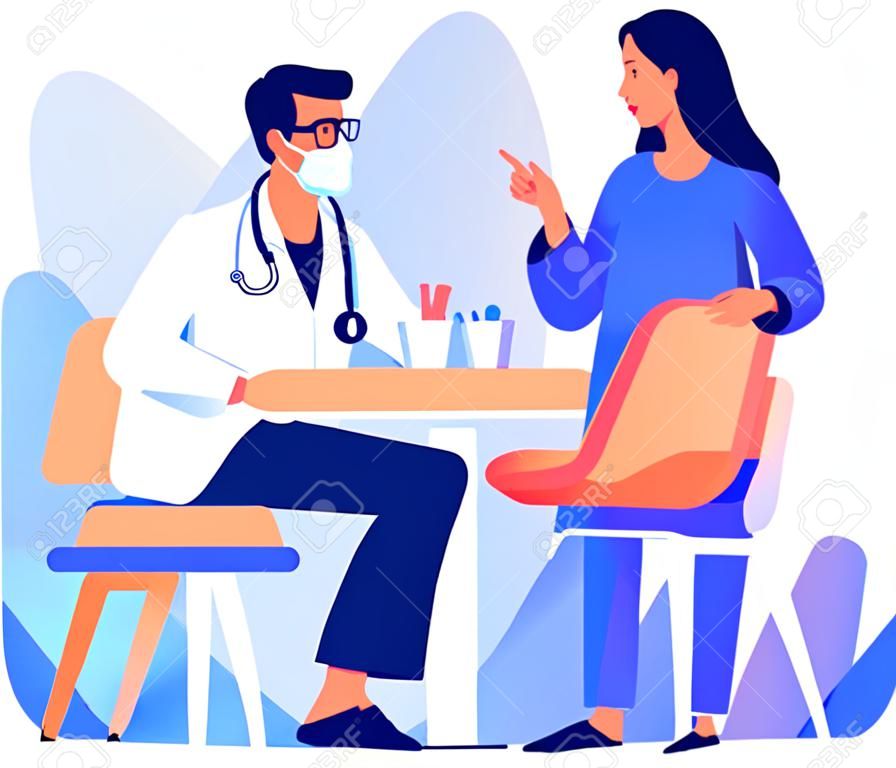 Hand Drawn Doctor talking to patient at hospital in flat style isolated on background