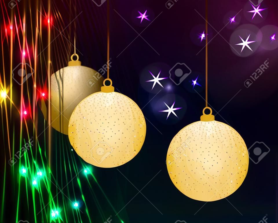 Christmas balls on dark abstract background of glowing neon lights. Copy space for text.
