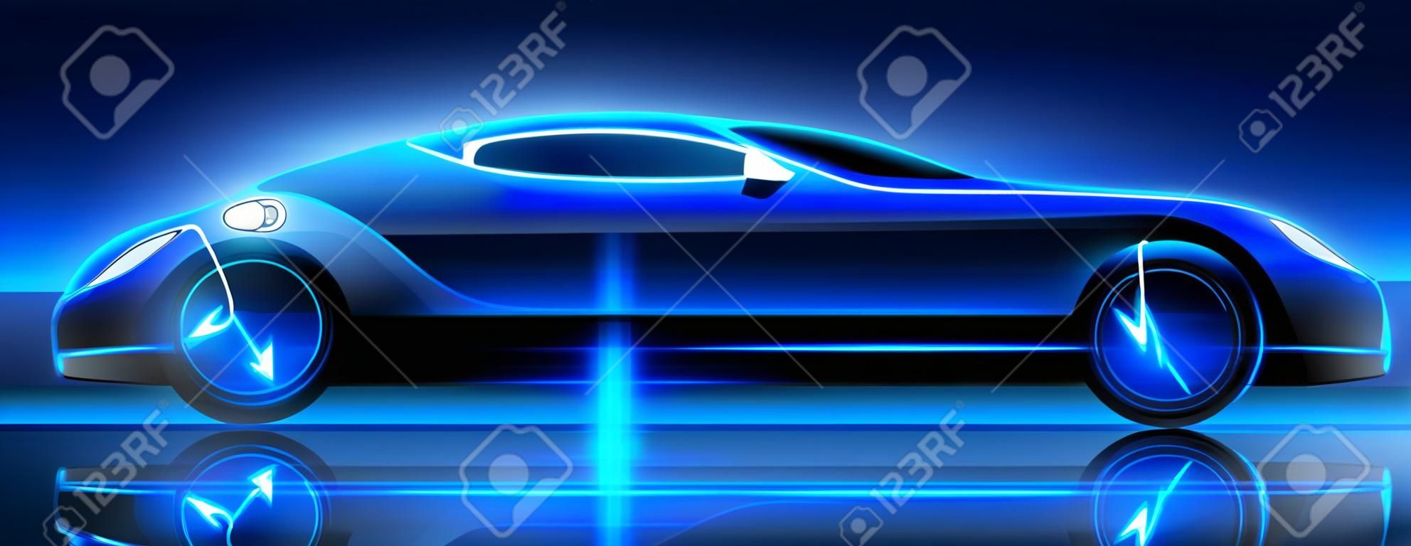 Electric car charging on the station, vector illustration. Blue neon glowing EV vehicle filling up a battery. Modern hybrid car with voltage symbol on the wheel.
