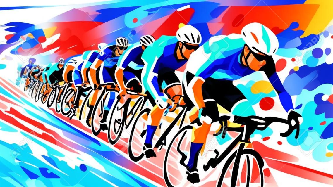 Bicycle racers competing on cycling championship. Cycle sports event, low-poly style colorful vector illustration.