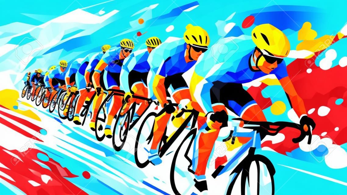 Bicycle racers competing on cycling championship. Cycle sports event, low-poly style colorful vector illustration.