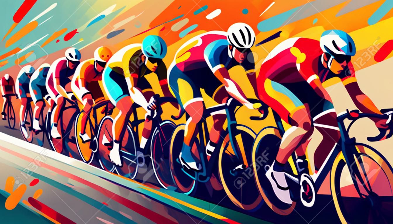Radrennfahrer, die an der Radsportmeisterschaft im Radsport teilnehmen, bunte Vektorillustration im Low-Poly-Stil