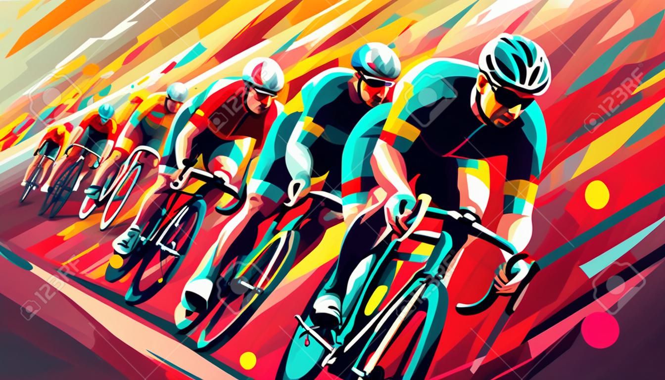 Radrennfahrer, die an der Radmeisterschaft teilnehmen. Radsportveranstaltung, abstrakte, farbenfrohe Vektorillustration.