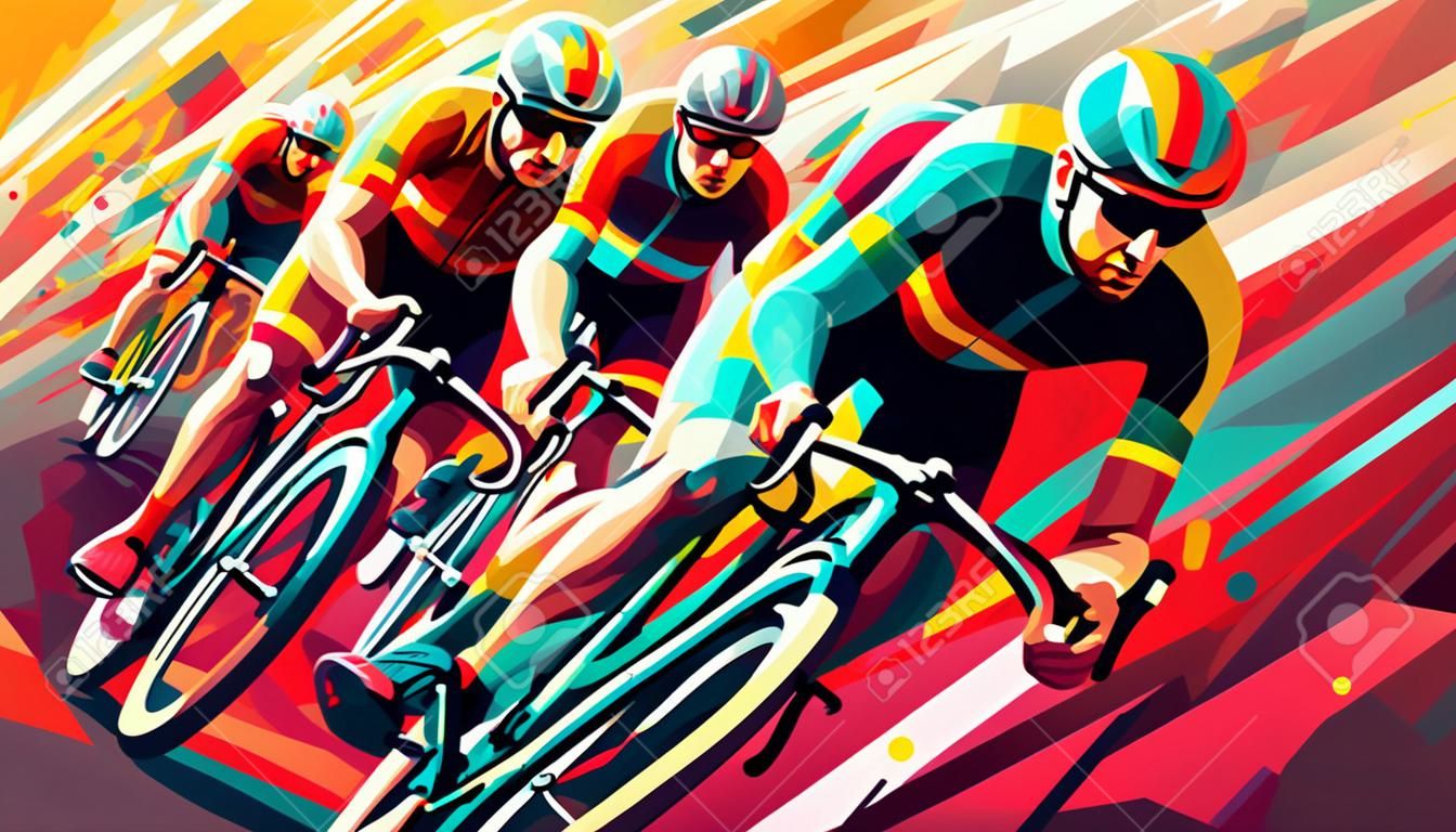 Zawodnicy rowerowi rywalizujący w mistrzostwach kolarstwa na rowerze, wydarzenie sportowe, abstrakcyjny styl, kolorowa ilustracja wektorowa