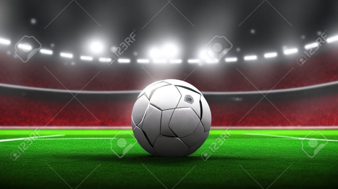 Soccer ball on the field of stadium. 3d rendering.