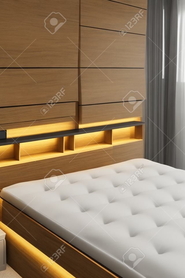 bed with wood shelf interior decoration in bedroom