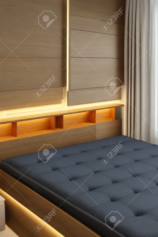 bed with wood shelf interior decoration in bedroom