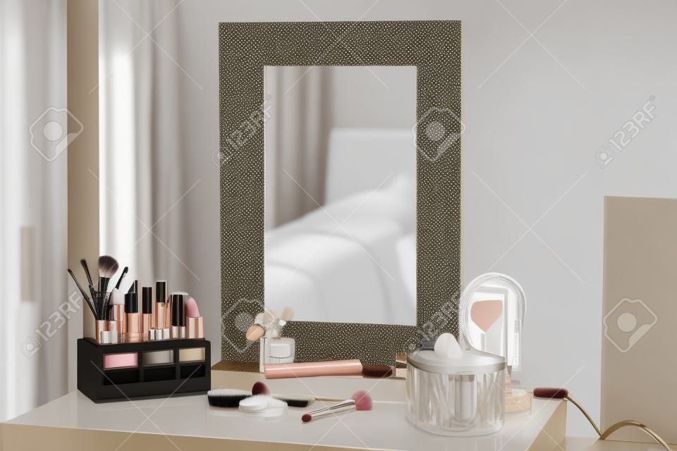 Cosmetics on table in room interior
