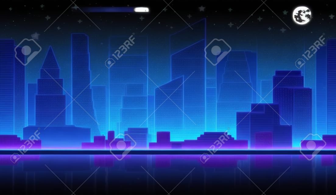 高層ビルのシルエットと星と夜の街の風景ネオンピクセルの背景。ゲーム用のピクセル化された夜の街の風景ネオン。街の近代的な高層ビルとの夜の2Dピクセルビデオゲーム