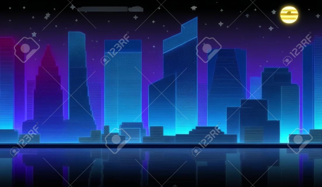 Nocny krajobraz miasta neon pikseli tło z wysokością budynków sylwetka i gwiazdy. rozpikselowany neon nocny krajobraz miasta do gry. Nocna gra wideo 2d pikseli z nowoczesnymi drapaczami chmur w mieście