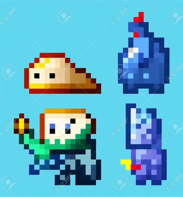 Pixel game style. Slime, burning monster, skeleton with sword, monster in mask isolated at white background. Pixelated npc in mobile game. World of 8-bit game, graphics in 80s style, attacking monster