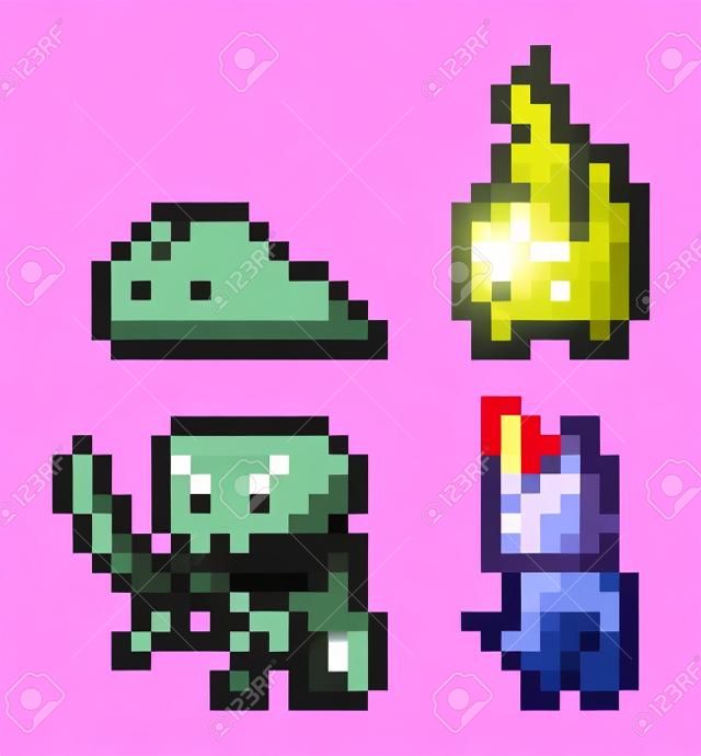 Pixel game style. Slime, burning monster, skeleton with sword, monster in mask isolated at white background. Pixelated npc in mobile game. World of 8-bit game, graphics in 80s style, attacking monster