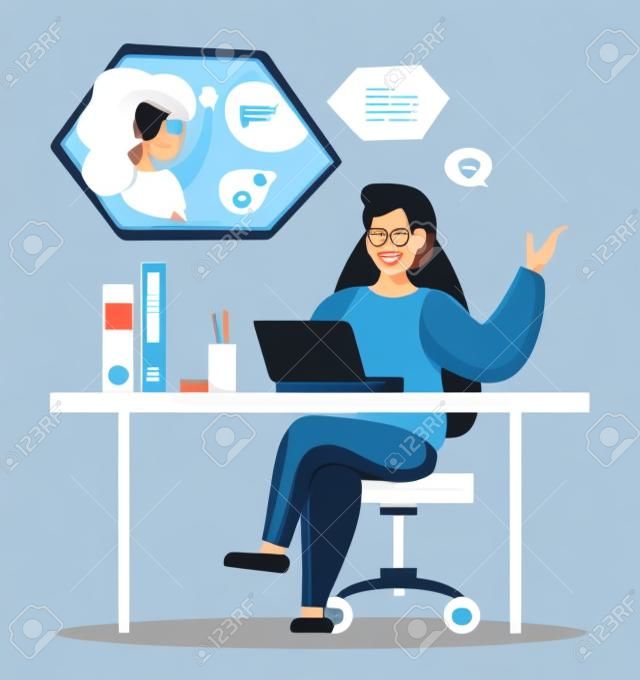 Business partners communicating, using video calling. Women discuss work issues from a distance. Concepts data analysis teamwork. A team of analysts holds a meeting and develops a marketing strategy