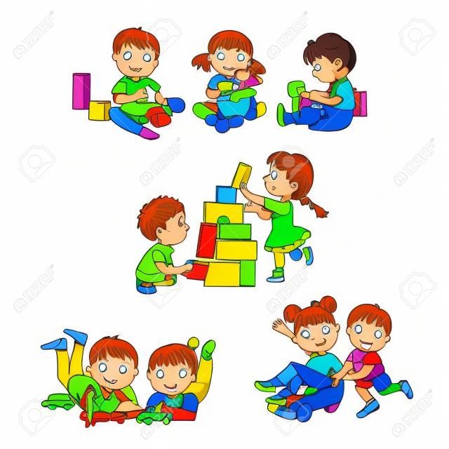 Niños jugando en interiores conjunto de coloridas diseño simple dibujos vectoriales aislados sobre fondo blanco