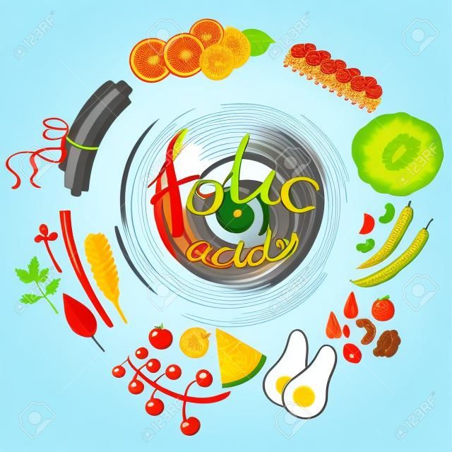 Products Rich In Folic Acid Infographic Illustration.Simple Colorful Illustration With Objects Surrounding The Text. Flat Vector Set On White Background.