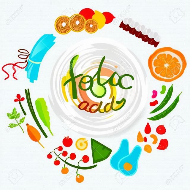 Products Rich In Folic Acid Infographic Illustration.Simple Colorful Illustration With Objects Surrounding The Text. Flat Vector Set On White Background.