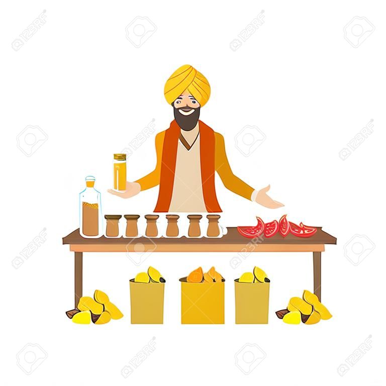 Férfi eladási fűszereket indiai piacon Ország kulturális szimbólum illusztráció. Egyszerűsített Cartoon stílusú rajz elszigetelt fehér háttér