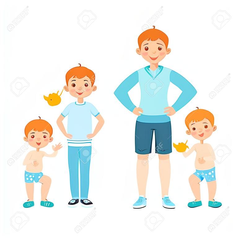 白人男孩生育期插圖不同年齡。簡單可愛的圖紙顯示同一人嬰兒，兒童，青少年與成年人。平矢量插圖在白色背景。
