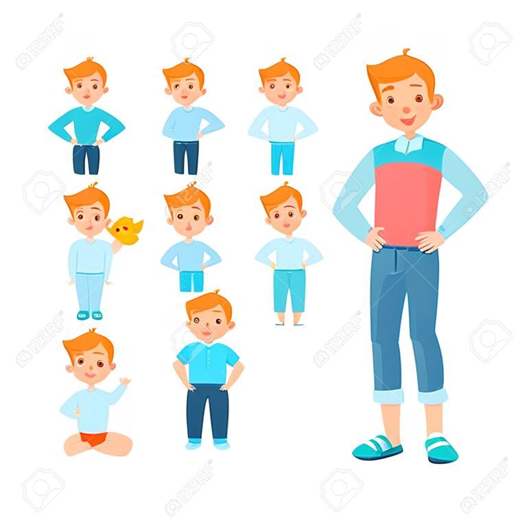 白人男孩生育期插圖不同年齡。簡單可愛的圖紙顯示同一人嬰兒，兒童，青少年與成年人。平矢量插圖在白色背景。