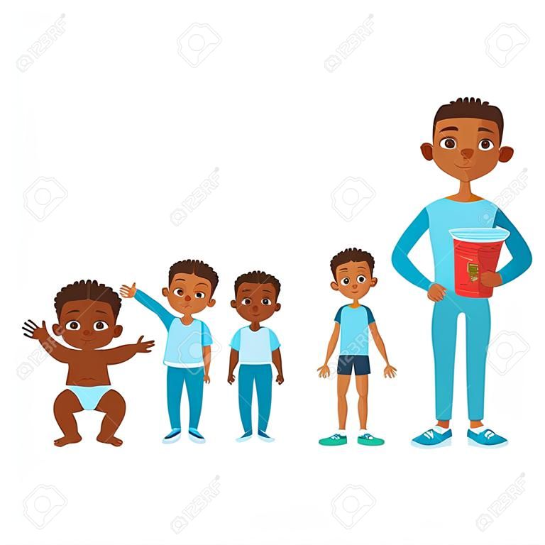 Black Boy Growing Stages With Illustrations In Different Age. Simple Cute Drawings Showing The Same Person As Baby, Kid, Teenager And Adult. Flat Vector Illustration On White Background.