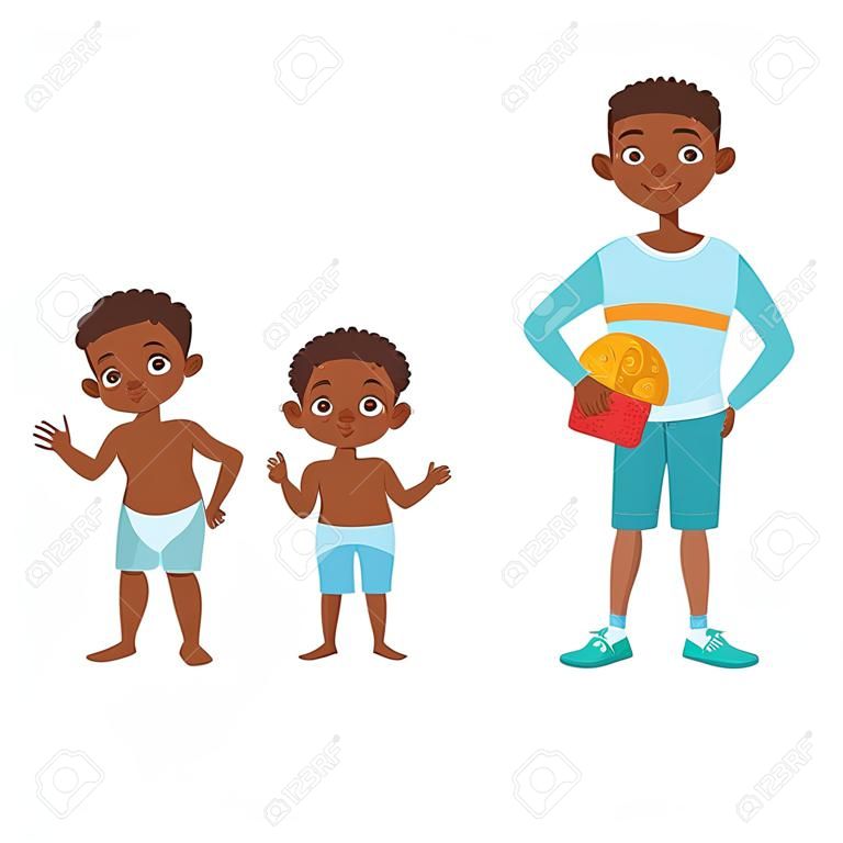 Black Boy Growing Stages With Illustrations In Different Age. Simple Cute Drawings Showing The Same Person As Baby, Kid, Teenager And Adult. Flat Vector Illustration On White Background.