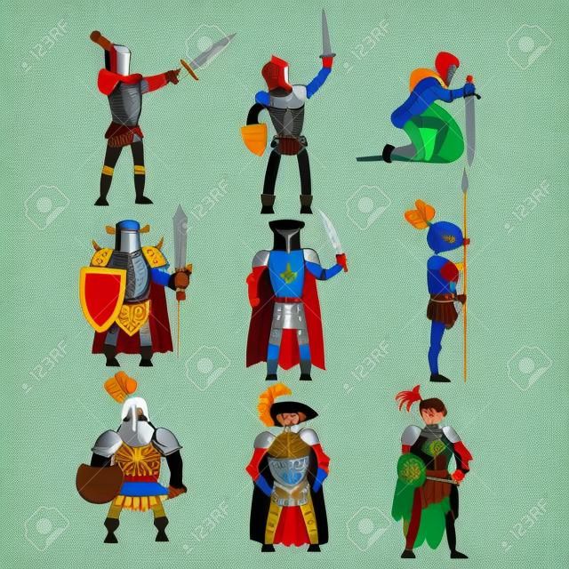 Medieval Knight Charaktere Sammlung von Flach Bunte Zeichnungen auf weißem Hintergrund isoliert.