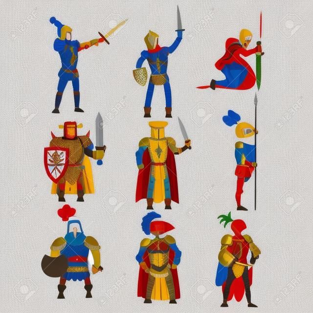 Medieval Knight Charaktere Sammlung von Flach Bunte Zeichnungen auf weißem Hintergrund isoliert.