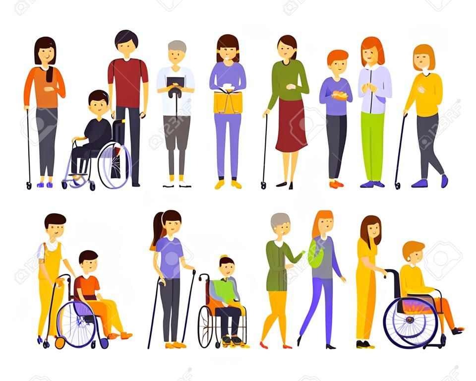Physically Handicapped People Receiving Help And Support From Their Friends And Family, Enjoying Full Life With Disability Set Of Illustrations With Smiling Disabled Men And Women. Colorful Flat Vector Cartoon Characters With Physical Impairments And In Wheelchairs.