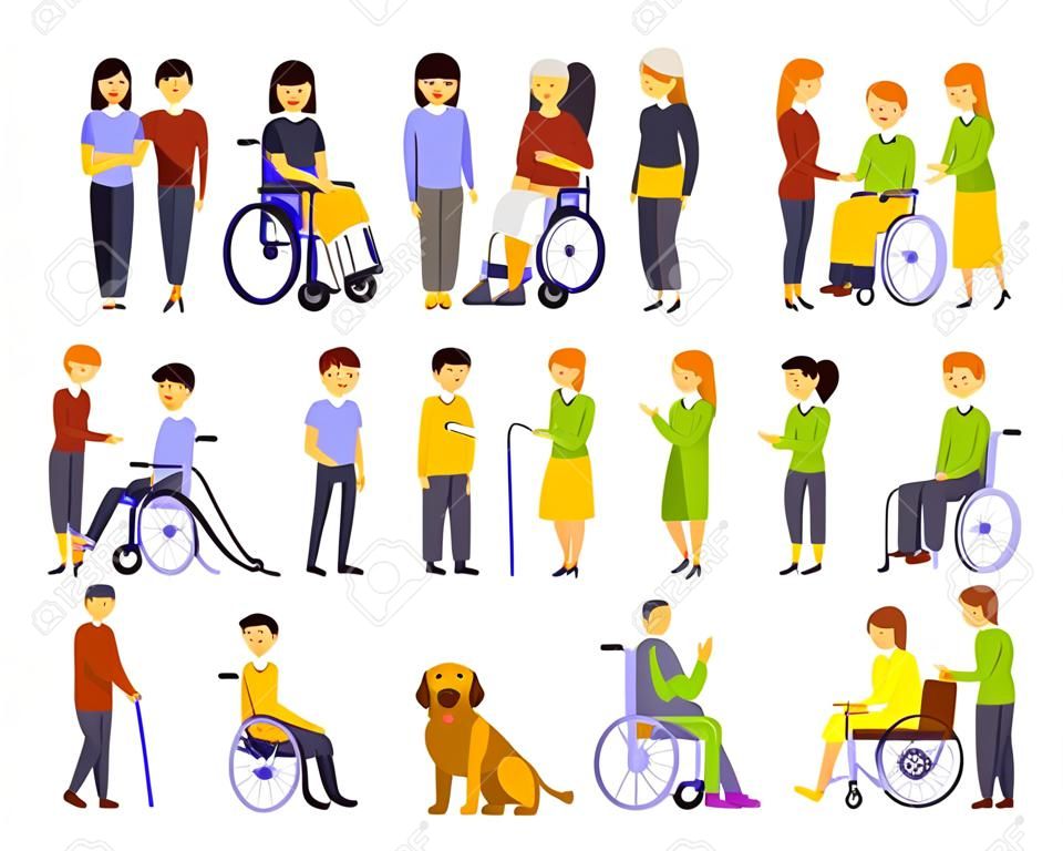 Physically Handicapped People Receiving Help And Support From Their Friends And Family, Enjoying Full Life With Disability Set Of Illustrations With Smiling Disabled Men And Women. Colorful Flat Vector Cartoon Characters With Physical Impairments And In Wheelchairs.