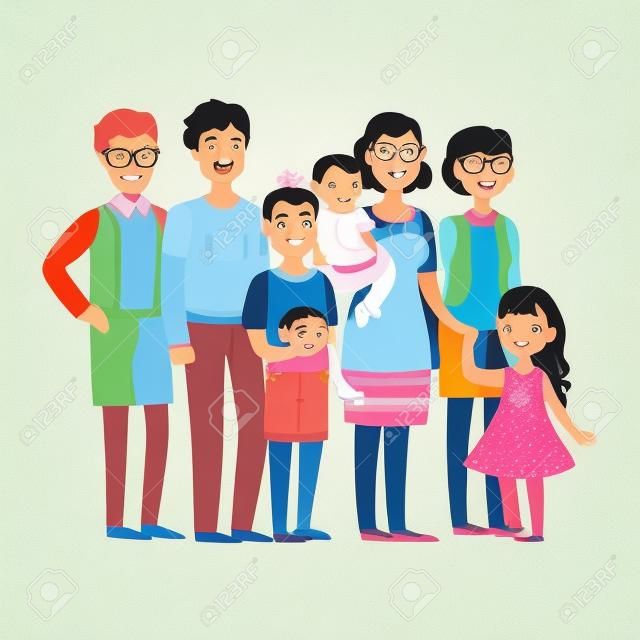 Volledige familie met ouders, grootouders en twee kinderen, illustratie van Happy Loving Families Series