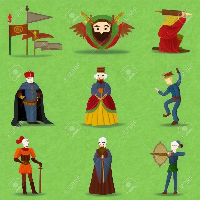 중세 만화 캐릭터 및 유럽 중세 역사적 시대 특성 아이콘 모음