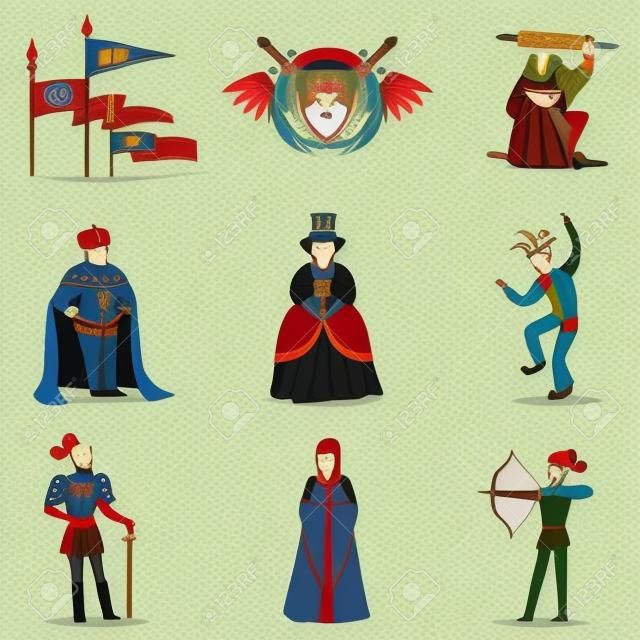 Mittelalterliche Zeichentrickfiguren und europäisches Mittelalter Historische Periode Attribute Sammlung von Icons