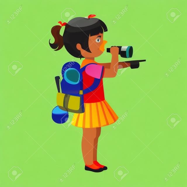 Girl scout carrying a backpack and looking through binoculars, side view, a colorful character