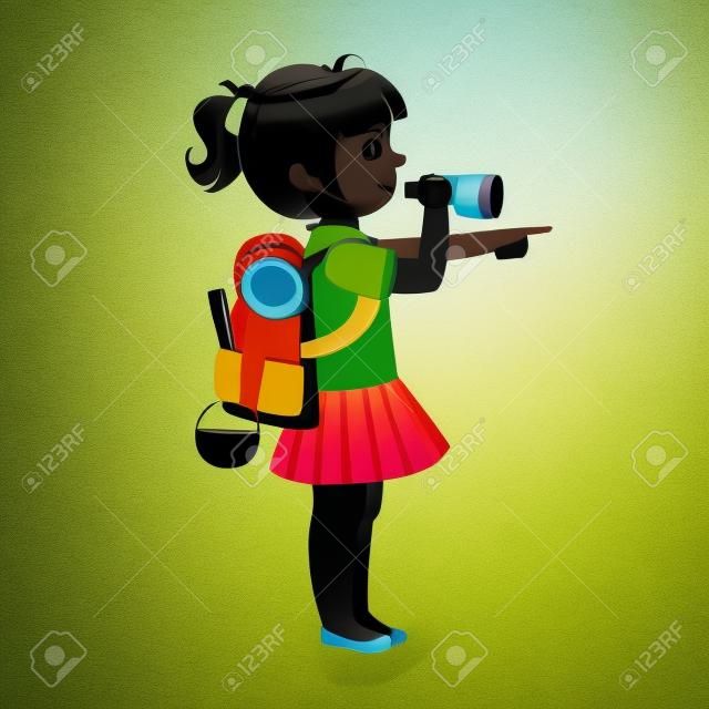 Girl scout carrying a backpack and looking through binoculars, side view, a colorful character
