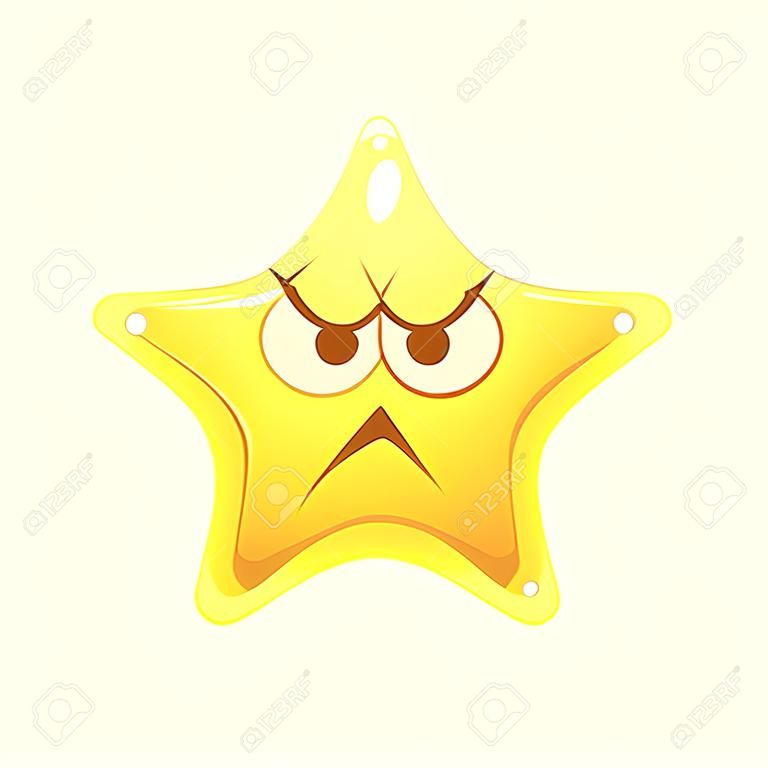 Rosto emocional irado da estrela amarela, personagem de desenho animado