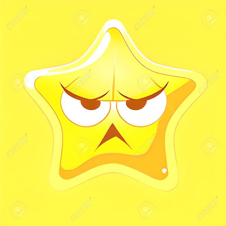 Rosto emocional irado da estrela amarela, personagem de desenho animado