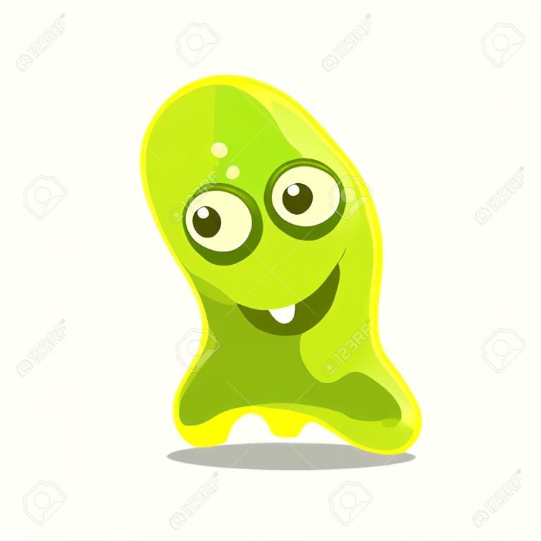 Funny cartoon green friendly slimy monster. Cute bright jelly character vector Illustration