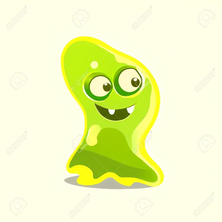 Funny cartoon green friendly slimy monster. Cute bright jelly character vector Illustration