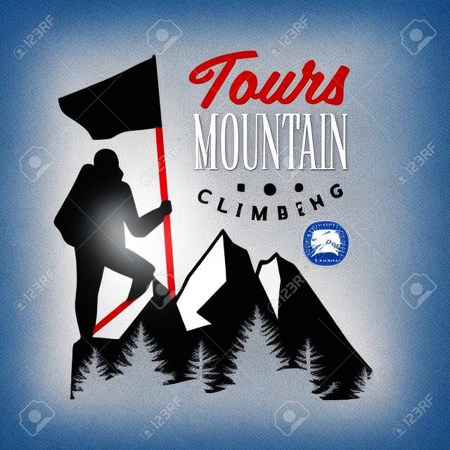 Mountain climbing tours logo. Mountain tourism, , exploration label