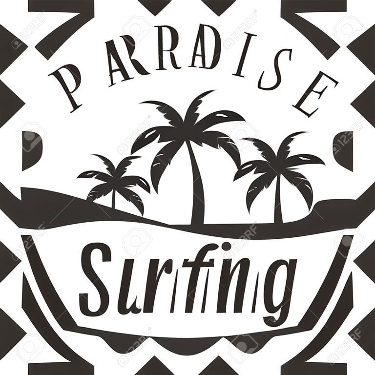 天堂夏天，冲浪俱乐部徽标模板，黑白矢量插图