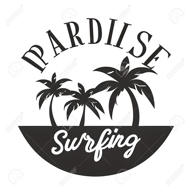 Paradise summer, surfing club logo template, black and white vector Illustration