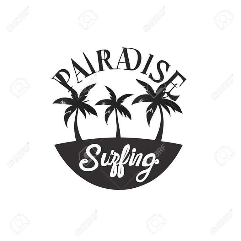 Paradise summer, surfing club logo template, black and white vector Illustration
