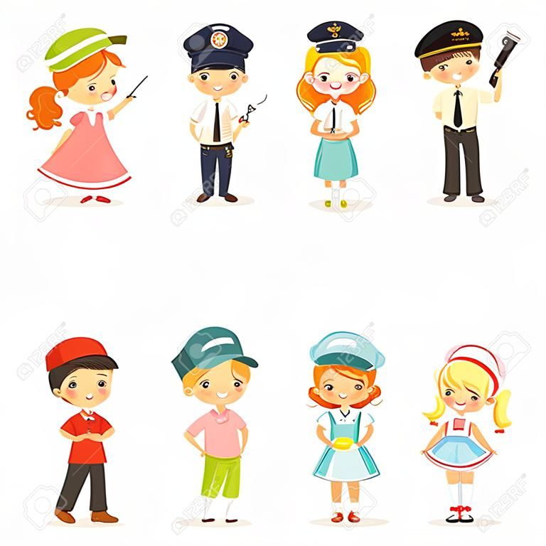 各行各业可爱的孩子们用专业设备、彩色矢量插图给小男孩和女孩穿上制服。