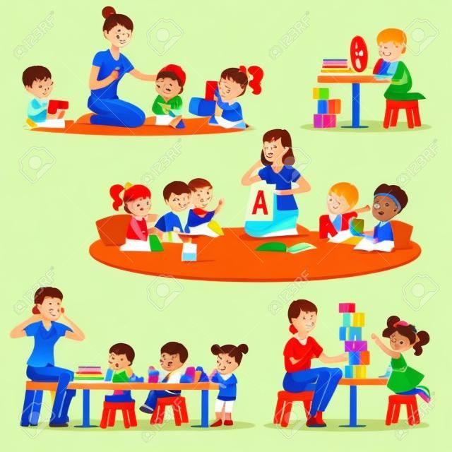 Teacher explaining alphabet to children around her set. Smiling little boys and girls playing and studying in kindergarten vector illustrations