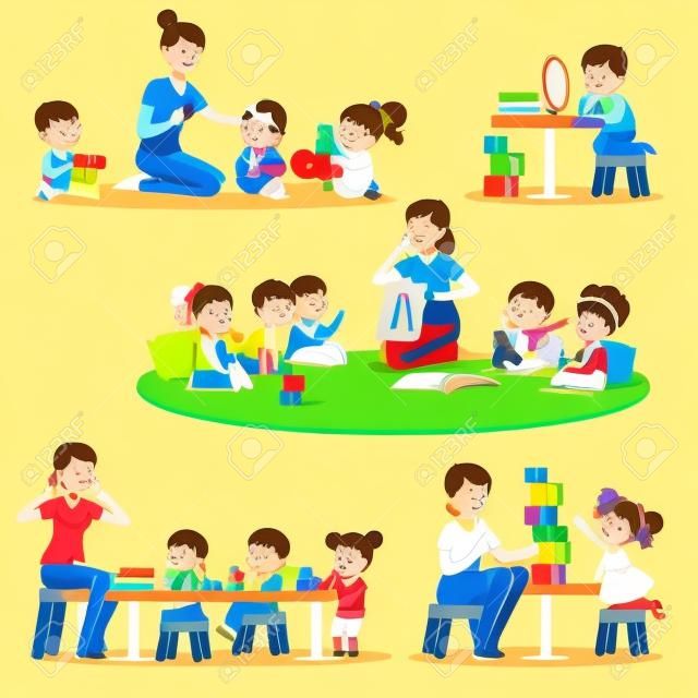 アルファベットを彼女のセットの周りの子供に説明する先生。男の子や女の子遊ぶ幼稚園ベクトル イラストでの勉強と笑みを浮かべてください。