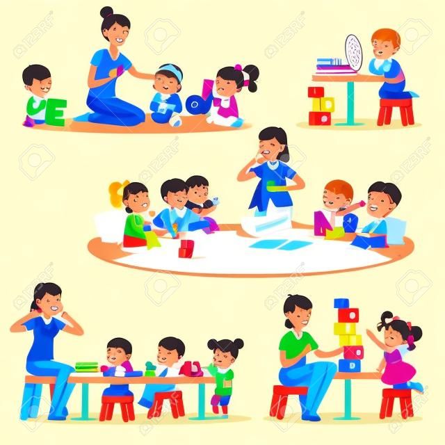 Insegnante che spiega l'alfabeto ai bambini intorno al suo set. Ragazzini e ragazze sorridenti che giocano e che studiano nelle illustrazioni di vettore di asilo